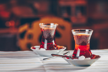Turkish tea in the restaurant. Turkish cuisine and travel  concept