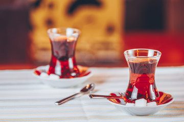 Turkish tea in the restaurant. Turkish cuisine and travel  concept