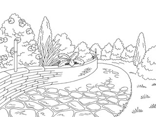 Park graphic black white garden landscape sketch illustration vector