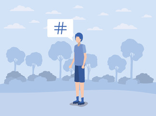 young man with pound key in speech bubble on the camp