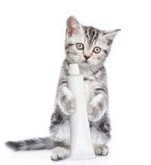 Cute kitten with a tube of toothpaste looking at camera. isolated on white background