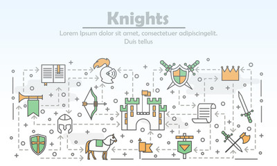 Fototapeta na wymiar Vector thin line art medieval knights poster banner template