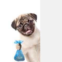 Puppy holds plastic bag behind white banner. Concept cleaning up dog droppings. isolated on white background