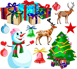 Set for happy Christmas and new year, cartoon icons and illustrations