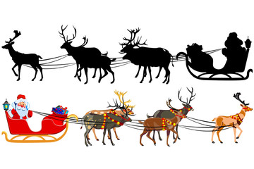 Santa Claus on a sleigh with reindeer, with a handful of gifts. Silhouette of santa claus.