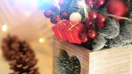 Christmas decoration close up. . Electric bulb shine with christmas elements