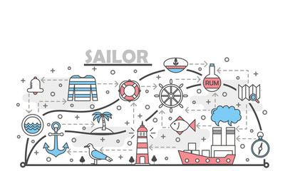 Naklejka premium Vector thin line art sailor poster banner template