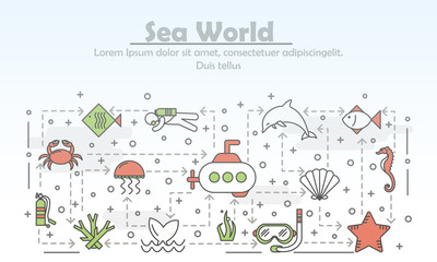 Vector thin line art sea world poster banner template