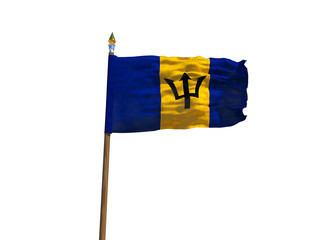 Barbados flag Isolated Silk waving flag of Barbados island made transparent fabric with wooden flagpole golden spear on white background isolate real photo Flags of world countries 3d illustration