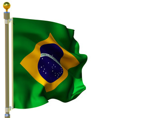Brazil flag Isolated Silk waving flag with emblem rhombus circle Order and Progress of Federative Republic of Brazil with flagpole on white background 3D illustration.