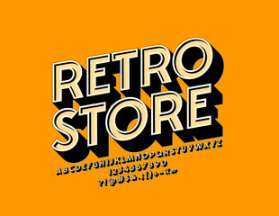 Vector Modern Emblem Retro Store. Bright 3D Font. Colorful Alphabet Letters and Numbers