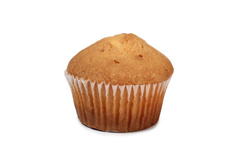 Fresh sweet cupcake with candle on white background