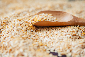 Wooden spoon with flax seeds. Close-up