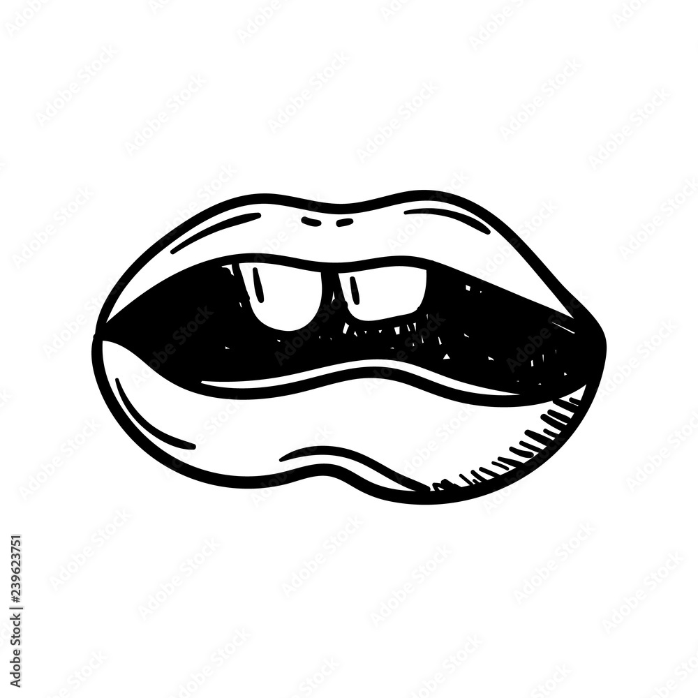 Poster Handdrawn doodle lips icon. Hand drawn black sketch. Sign symbol. Decoration element. White background. Isolated. Flat design. Vector illustration