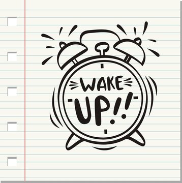 Hand drawn alarm clock isolated on paper background
