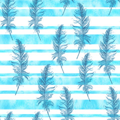 Fototapeta na wymiar Watercolor seamless, texture, background. Seamless pattern with a watercolor pattern - bird feather. Vintage illustration. blue stripes. Abstract background. 