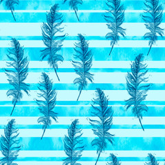 Fototapeta na wymiar Watercolor seamless, texture, background. Seamless pattern with a watercolor pattern - bird feather. Vintage illustration. blue stripes. Abstract background. 