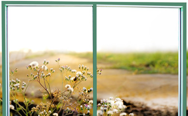 Landscape view from the window for relaxing time, green nature beside the window, peaceful place for take a rest in the morning, Flare light through the window in the morning