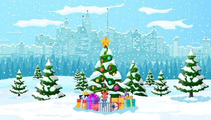 Christmas winter cityscape, snowflakes and trees