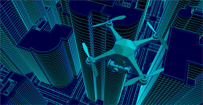 drone flying over a city filming, illustrated in wire-frame style. the city and the drone are two different objects for ease of use.