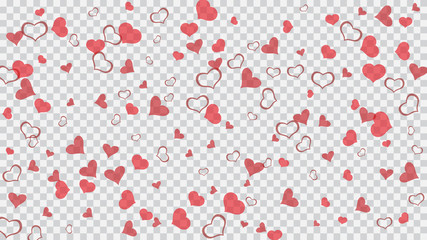 Part of the design of wallpaper, textiles, packaging, printing, holiday invitation for birthday. Light background. Red on Transparent background Vector. Red hearts of confetti crumbled.