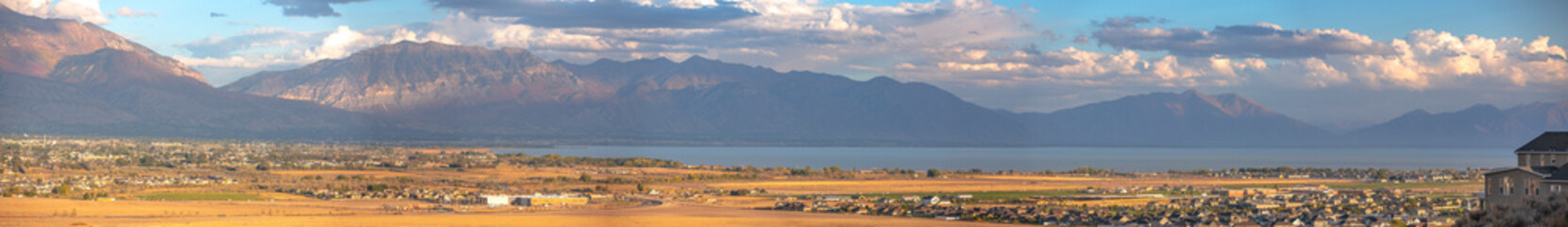 Panorama of Utah Valley on a sunny and cloudy day