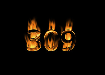 3D number 309 with flames black background