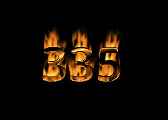 3D number 335 with flames black background