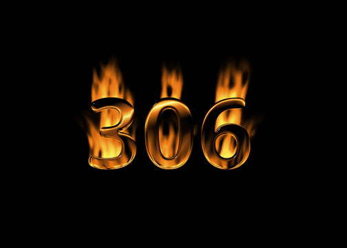 3D number 306 with flames black background