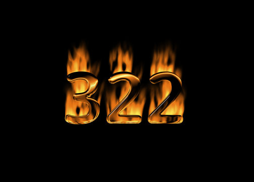3D number 322 with flames black background