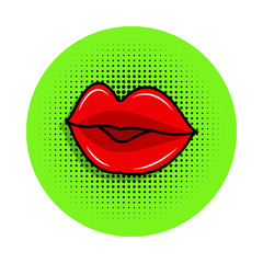 woman lips pop art style in green badge illustration