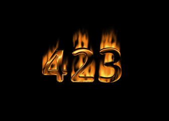 3D number 423 with flames black background