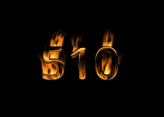 3D number 510 with flames black background