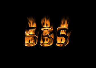 3D number 535 with flames black background