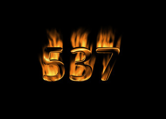 3D number 537 with flames black background