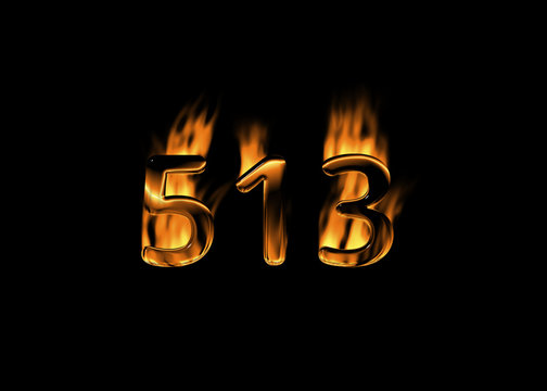 3D number 513 with flames black background