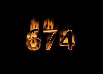 3D number 674 with flames black background