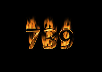 3D number 739 with flames black background