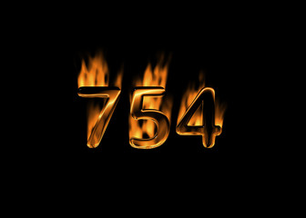 3D number 754 with flames black background