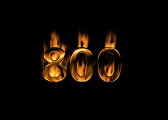 3D number 800 with flames black background - obrazy, fototapety, plakaty