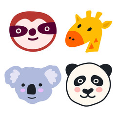 Set of cute animal heads icons - sloth, giraffe, koala, panda. Vector hand drawn illustration for greeting card, invitations, kids wear, t shirt, social network stickers, posters design.