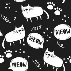 Cats, paw prints, hand drawn backdrop. Black and white seamless pattern with animals. Decorative cute wallpaper, good for printing. Overlapping background vector. Design illustration, meow