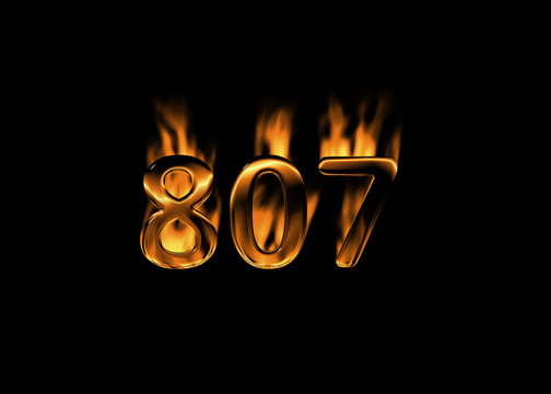 3D number 807 with flames black background
