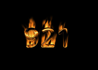 3D number 921 with flames black background