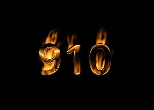 3D number 910 with flames black background
