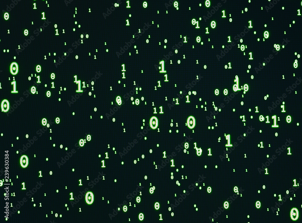 Wall mural random sized green zeros and ones digits on the screen
