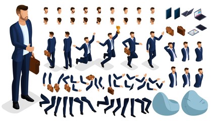 Isometric cartoon people, 3D Set for creating an office worker character. Full length gestures isolated on white background. Create your own design for vector