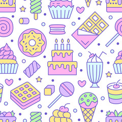Sweet food seamless pattern with flat line icons. Pastry vector illustrations - lollipop, chocolate bar, milkshake, cookie, birthday cake, candy shop. Cute background for confectionery