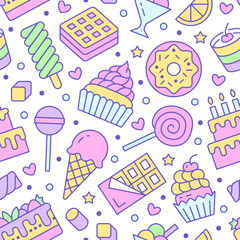 Sweet food seamless pattern with flat line icons. Pastry vector illustrations - lollipop, chocolate bar, milkshake, cookie, birthday cake, candy shop. Cute background for confectionery