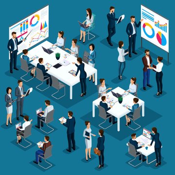 Isometric people person, 3d coaching, business coach, businessmen, company employees, meeting, partnership, concept management, business processes, training